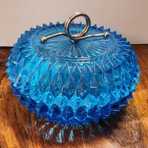 Vintage Indiana Glass Horizon Blue Diamond Point Candy Dish with Lid